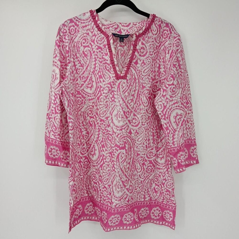 Brooks Brothers pink & white paisley cotton tunic ruffle trim M Preppy Classic